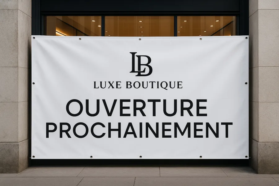 Bâche imprimée fixée sur une façade de boutique par des œillets répartis sur tout le pourtour