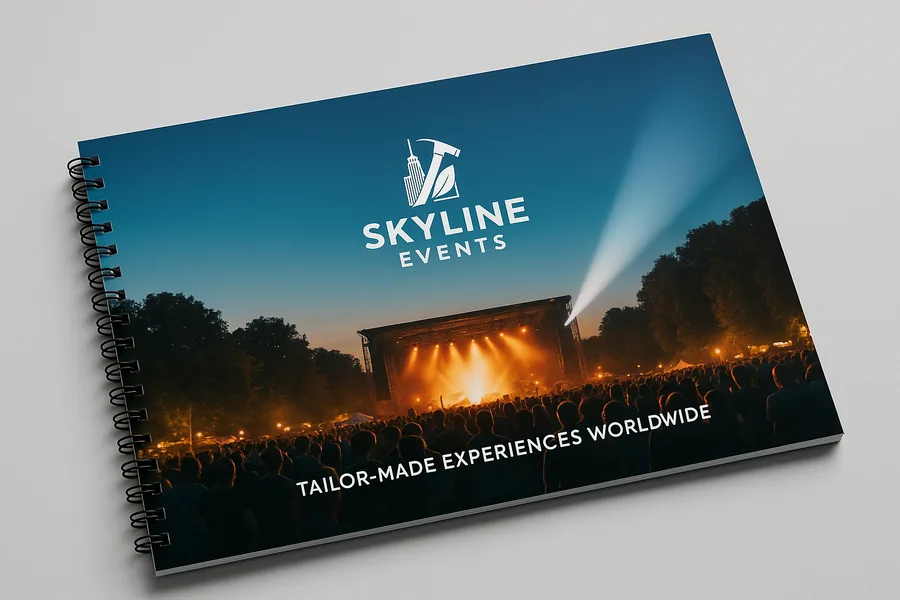 Brochure de présentation au format A4 paysage reliée en Wire’O noir sur le grand côté, couverture photo d’un concert