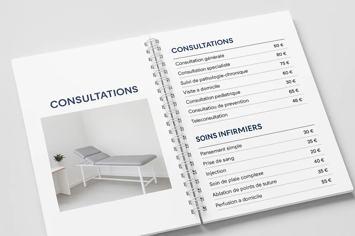 Brochure Wire’O ouverte à plat sur une grille de tarifs de consultations, double spirale métal argent au centre