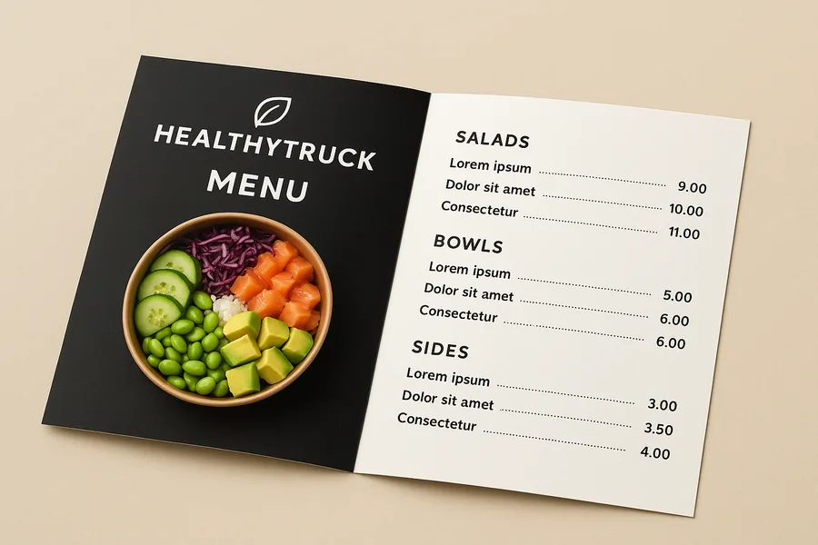 Menu de restaurant en dépliant 2 volets ouvert : couverture noire avec photo d’un bol à gauche, carte des salades, bols et accompagnements à droite