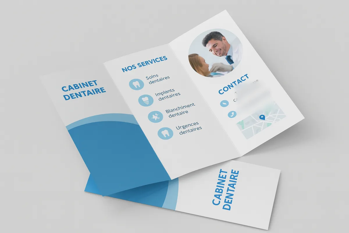Dépliant 3 volets de cabinet dentaire ouvert sur ses services et son volet contact, posé sur un exemplaire fermé au format 100 × 210 mm