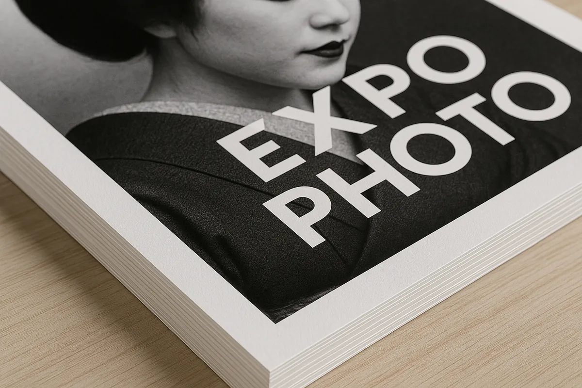 Affiches grand format imprimées sur papier épais, empilées sur une table en bois