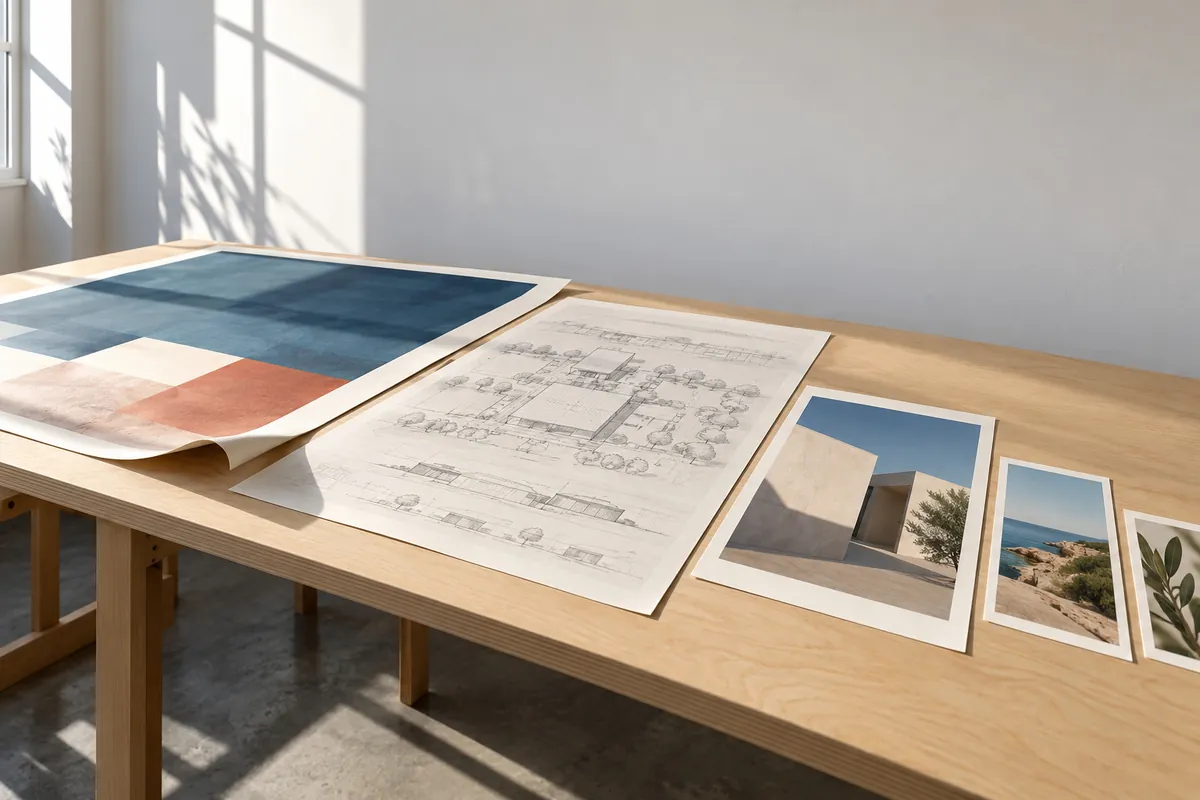 Différents supports imprimés posés sur une table en bois dans une pièce éclairée : affiche, plan et tirages photo