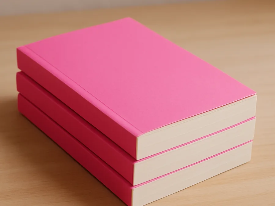 Trois livres brochés empilés, dos carré collé et tranche de pages crème bien visibles