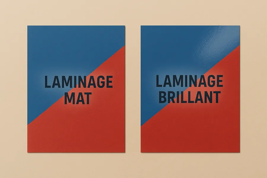 Deux couvertures identiques comparées, l’une pelliculée mat, l’autre pelliculée brillant avec reflet