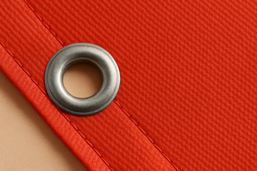 Gros plan d’un œillet métallique serti dans l’ourlet cousu d’une toile