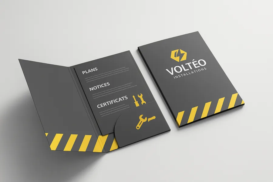 Chemise à rabats grise et jaune d’une entreprise d’installation, ouverte sur des feuillets plans, notices et certificats