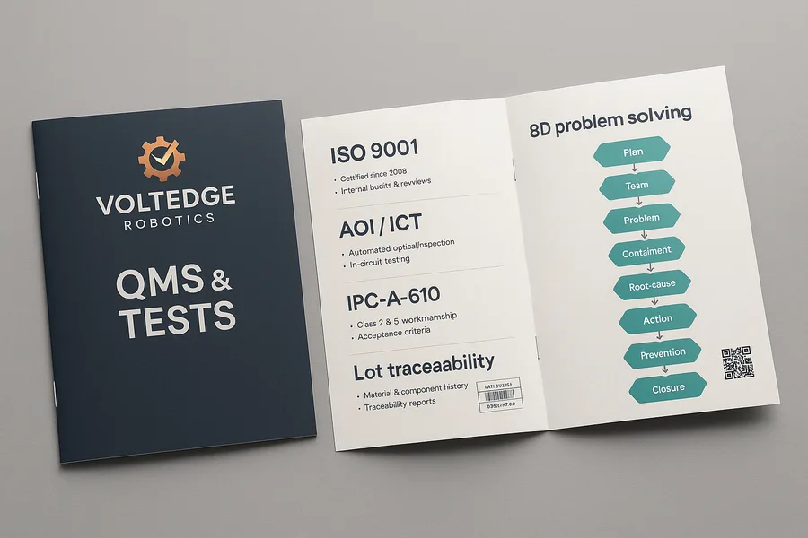Brochure industrielle agrafée ouverte sur une double page listant certifications qualité, contrôles et traçabilité, avec un schéma de résolution de problèmes