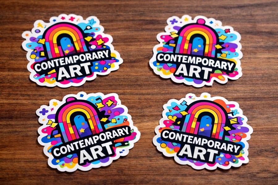 Quatre stickers multicolores découpés à la forme autour d’un logo d’exposition d’art contemporain, sur une table en bois