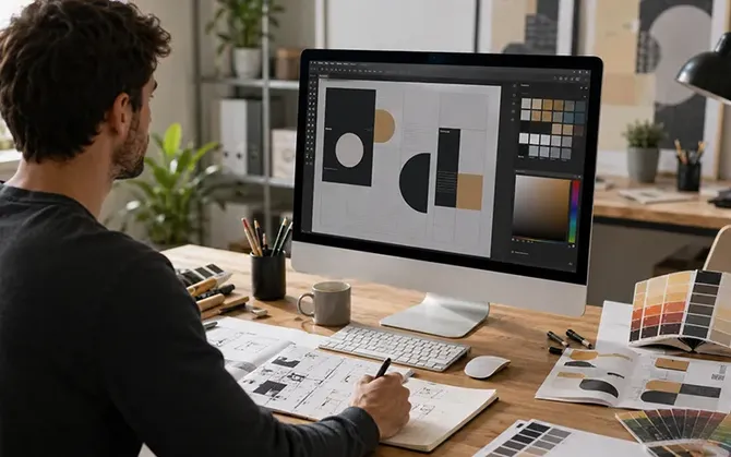 Graphiste qui conçoit un support imprimé sur ordinateur