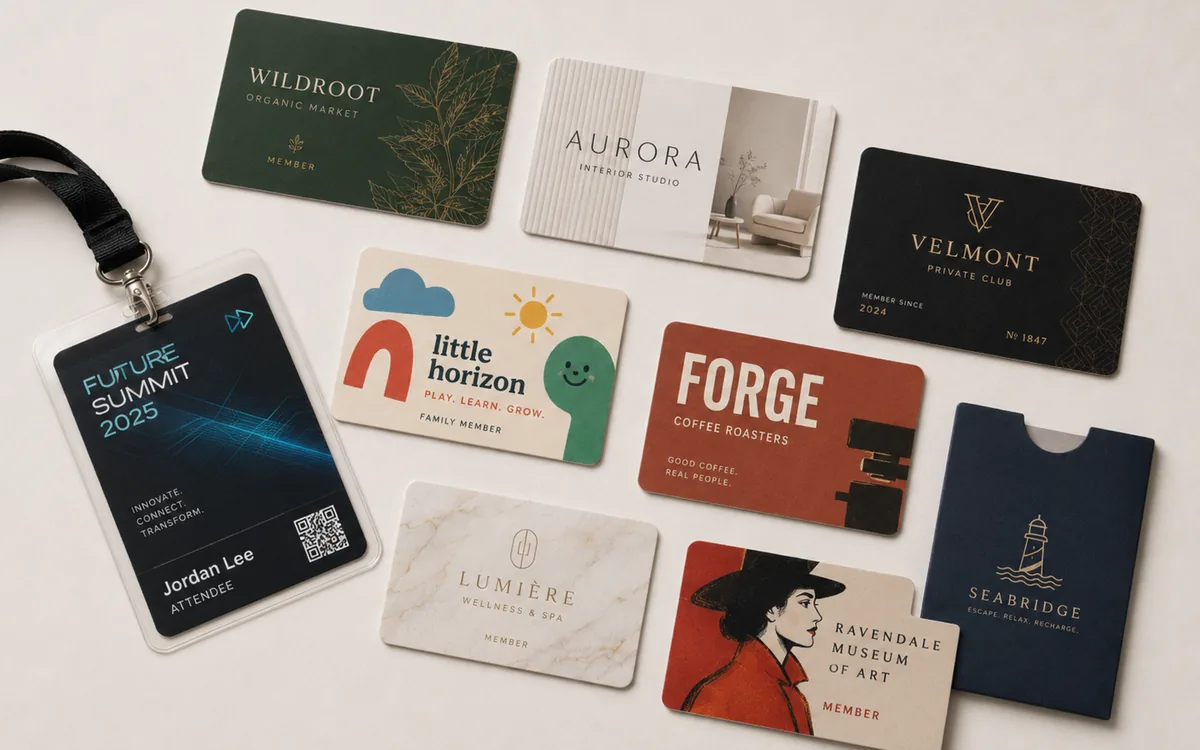 Assortiment de cartes PVC et badge avec cordon