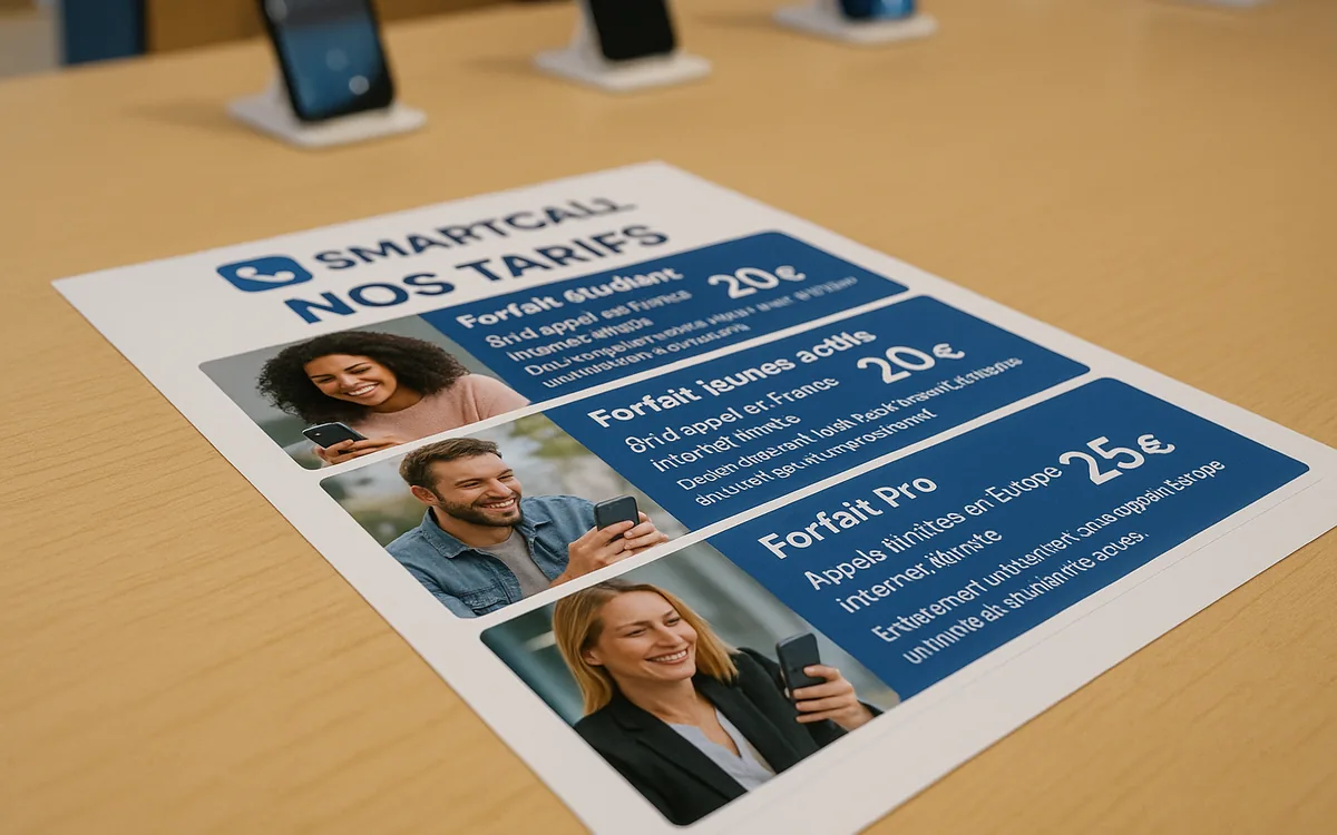 Flyer tarifs imprimé, posé sur un comptoir