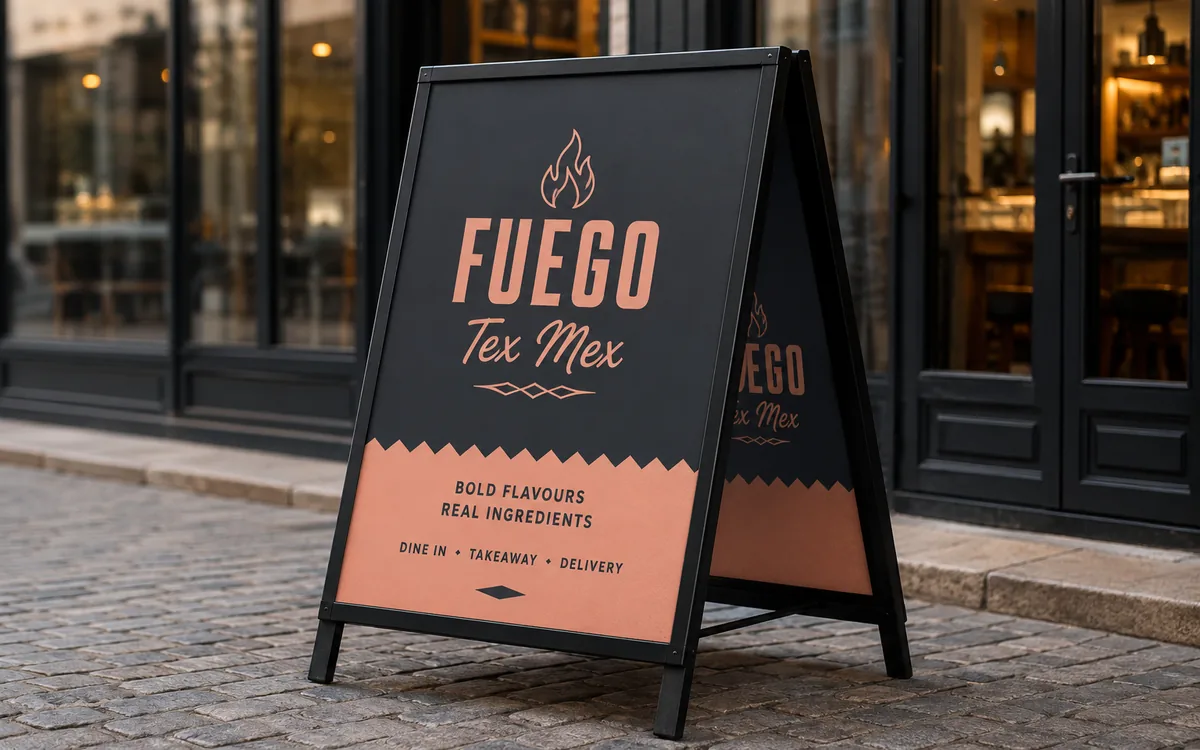 Chevalet de trottoir devant une boutique