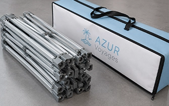 Armature pliable aluminium hub-and-spoke pour stand parapluie événementiel
