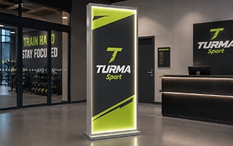 Totem aluminium lumineux LED pour halls premium et soirées corporate